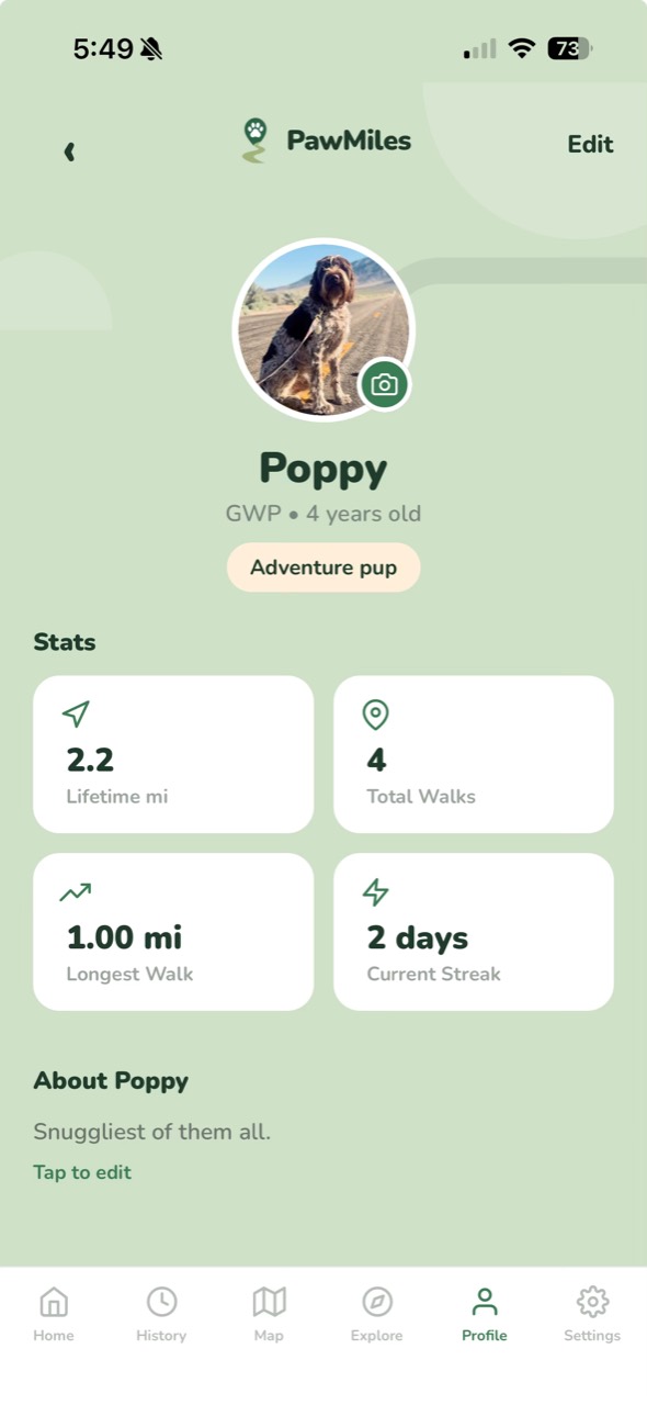 PawMiles dog profile screen