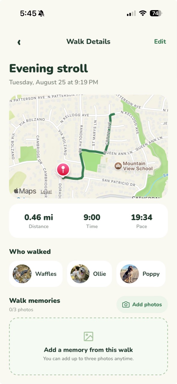 PawMiles walk details screen